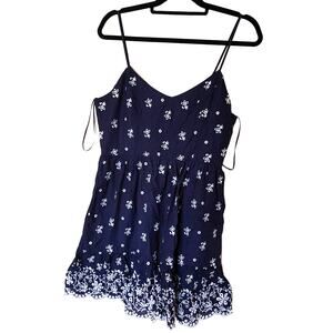 Blue Rain Size Large L Navy Blue White Eyelet Short Dress Summer Floral Wedding